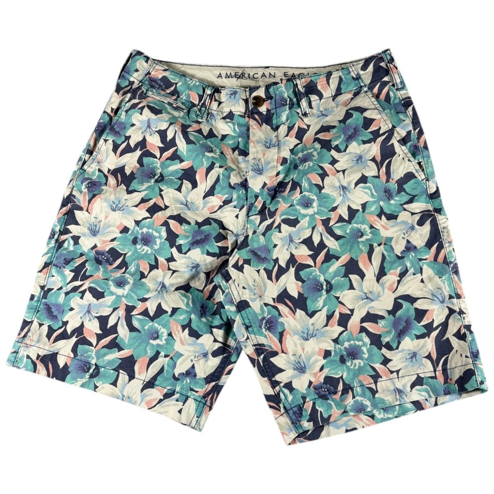 VTG American Eagle Floral Shorts Mens 38 Blue Teal Vintage Y2K Tropical Washed